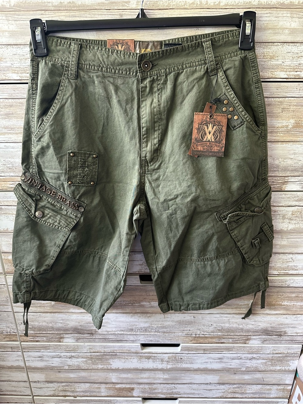 🩶 NWT Vintage Brass Olive Green Cargo Shorts Size 32 Utility Military Style